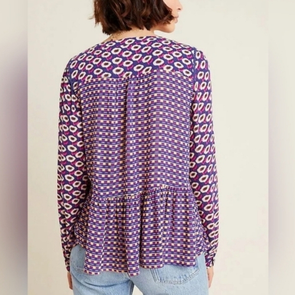 Maeve Anthropologie Cheyenne Mixed Print Peplum Pullover Top Purple Size Medium - Picture 3 of 13